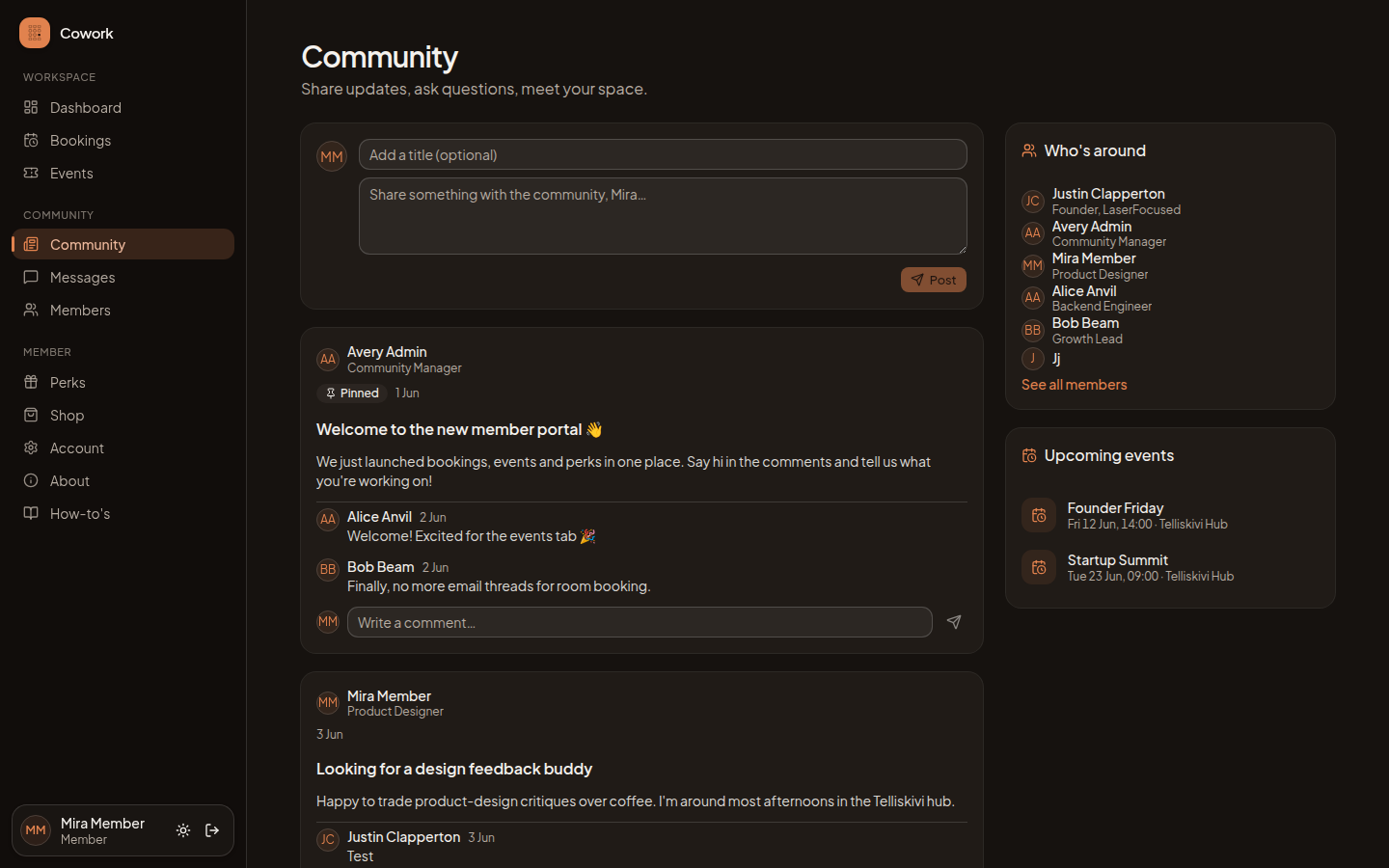 The community feed with member posts and comments