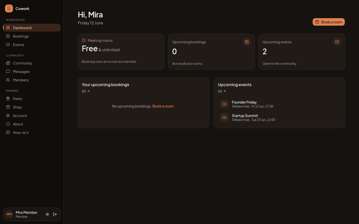 The Commons member dashboard showing free unlimited meeting rooms, an upcoming booking and upcoming events