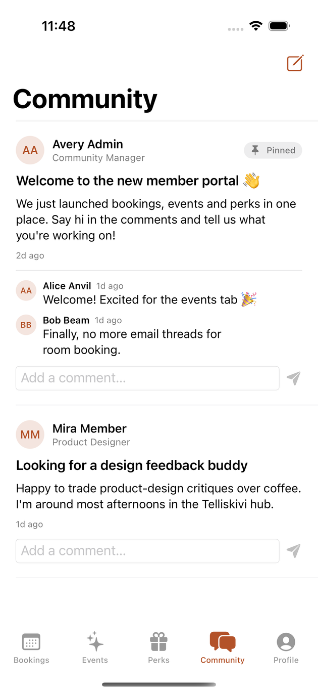The community feed in the iOS app with posts and comments
